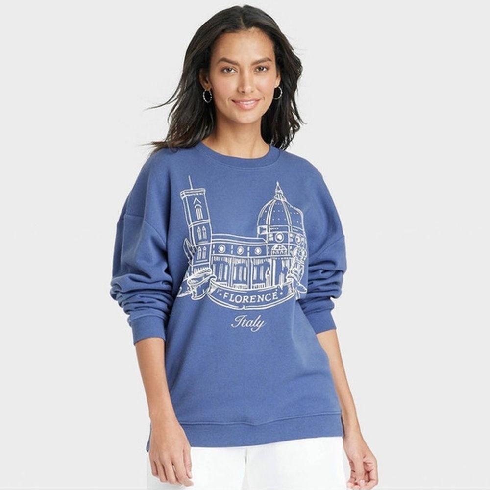 Grayson Threads Women’s Oversized Blue Florence Italy Crewneck Sweatshirt